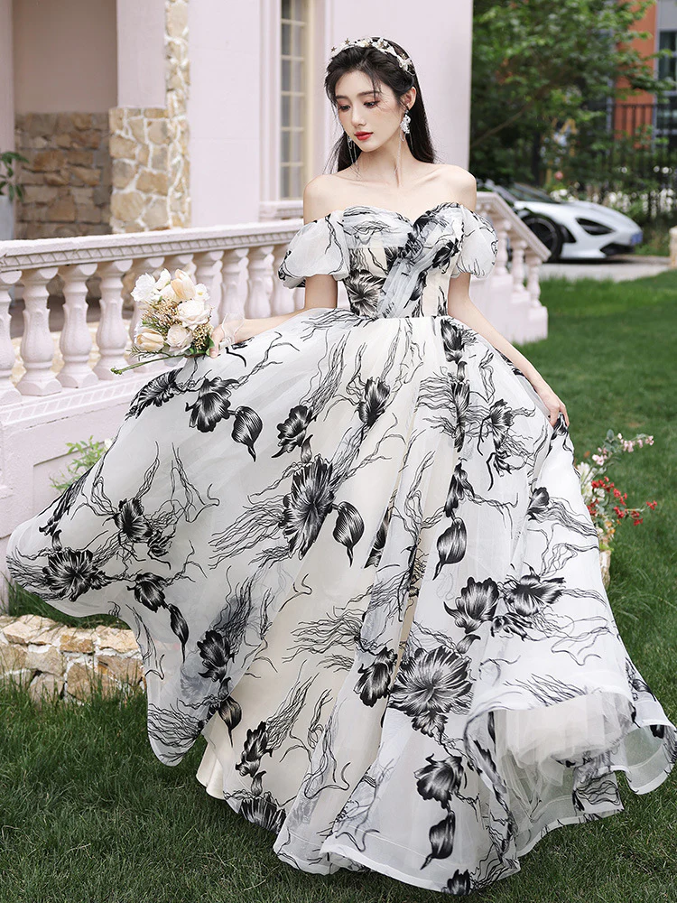 2025 One-word shoulder banquet evening dress 2025 spring new ink painting classical dress lawn sisters party dress - Deanwangkt