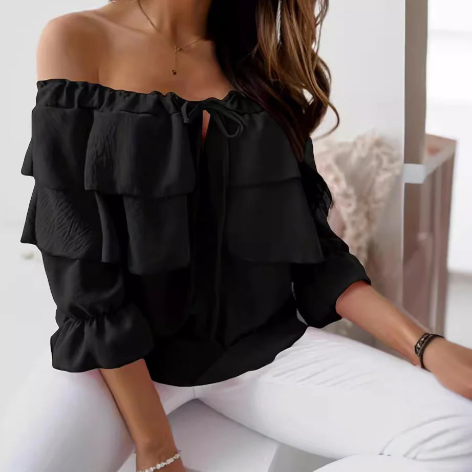 DEANWANGKT  Cross-Border off-the-Neck Chiffon Shirt Women's Elastic Shoulder Tied Lotus Leaf Top Women's Casual Loose Women's Sleeve - Deanwangkt