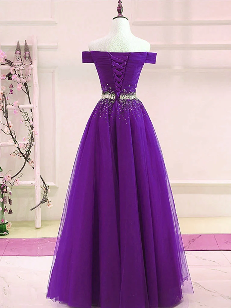 Solvbao Purple Tulle Off Shoulder Long Party Dress, Beaded A-line Prom Dress - Deanwangkt