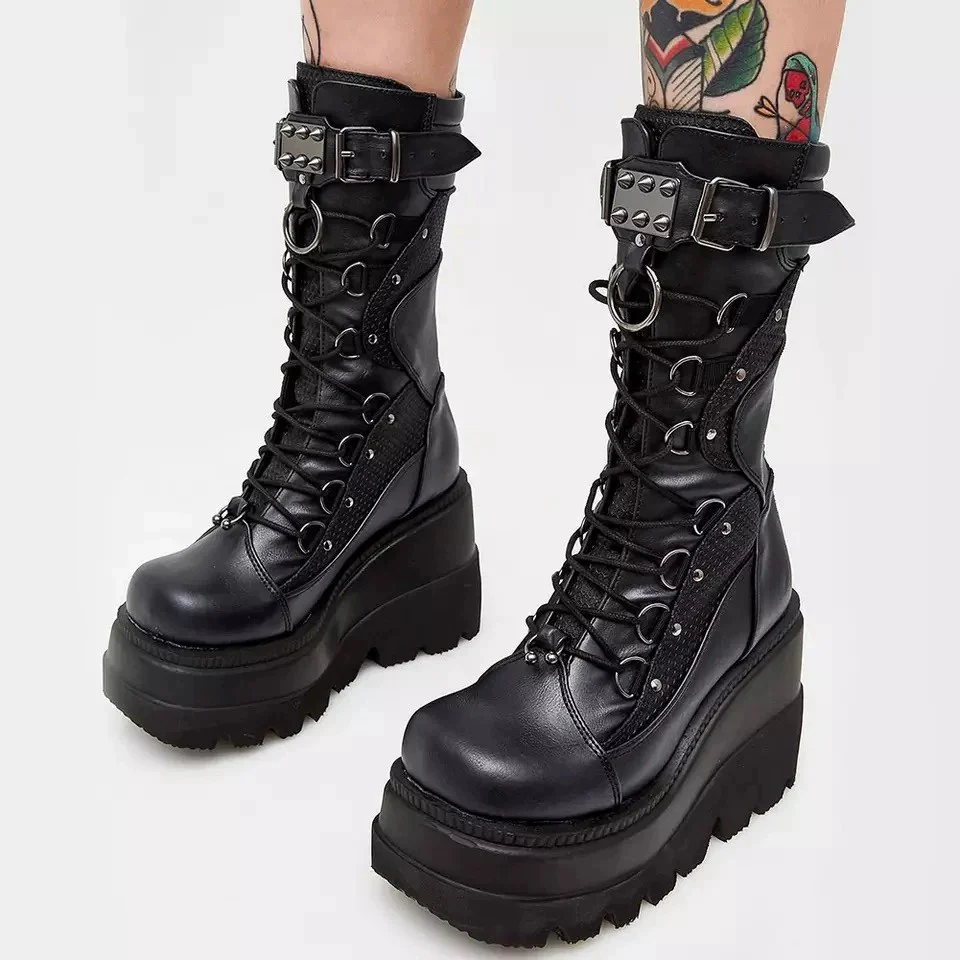 Cross-Border Wedge Knight Boots Female  New HOTan and NEWn plus Size Punk Handsome Platform Women's Mid Boots - Deanwangkt