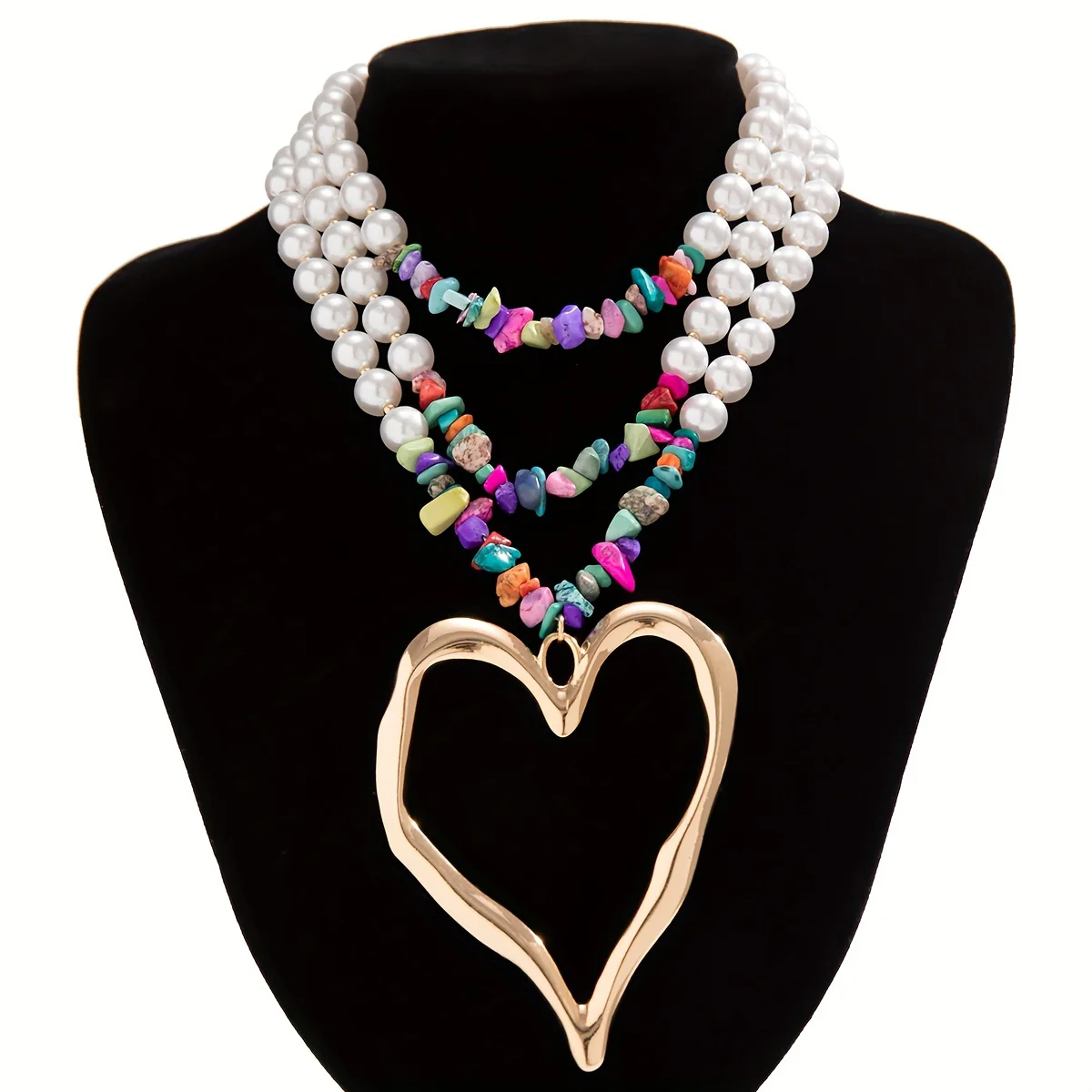 1pc Multilayer Exaggerated Holiday Style Imitation Pearl Peach Heart Charm Necklace Colorful Pine Stone CCB Necklace Charm Multilayer Necklace Gift - Deanwangkt