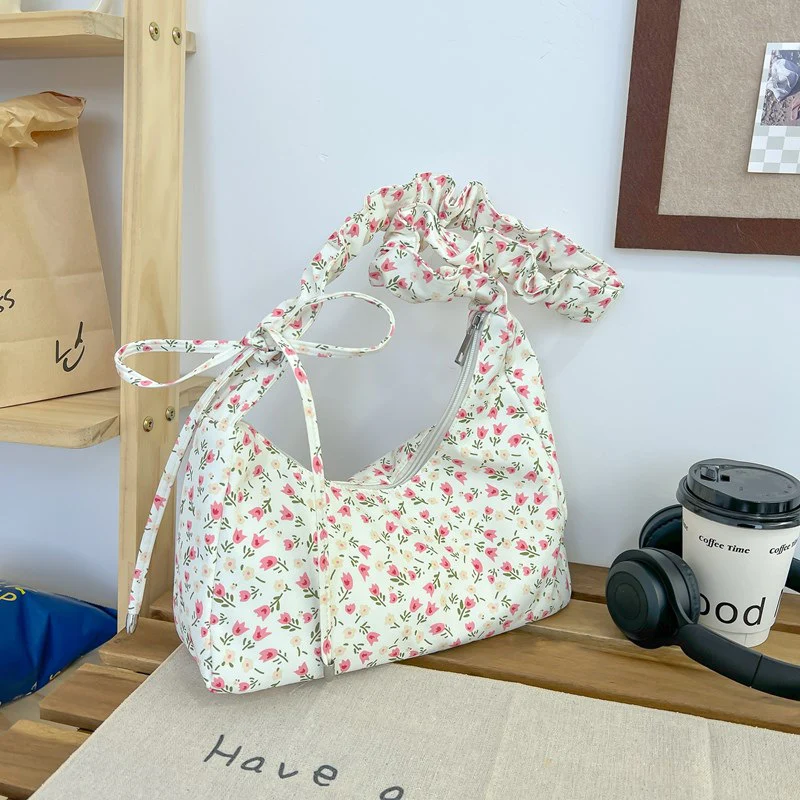DEANWANGKT 2025 ins sweet broken flower canvas bag literary and cute underarm bag women's bag drawstring shoulder bag crossbody bag small bag - Deanwangkt