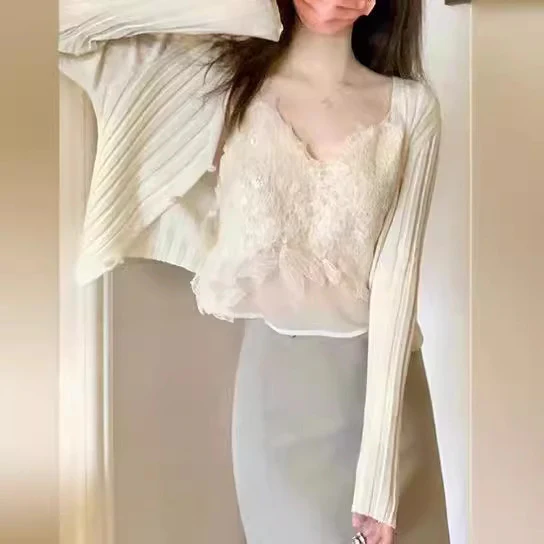 2025 popular Spring  Coffee Break Pure Desire High Sense Small Fragrance Lace Suspender Bottom Knitted Cardigan Top Women - Deanwangkt
