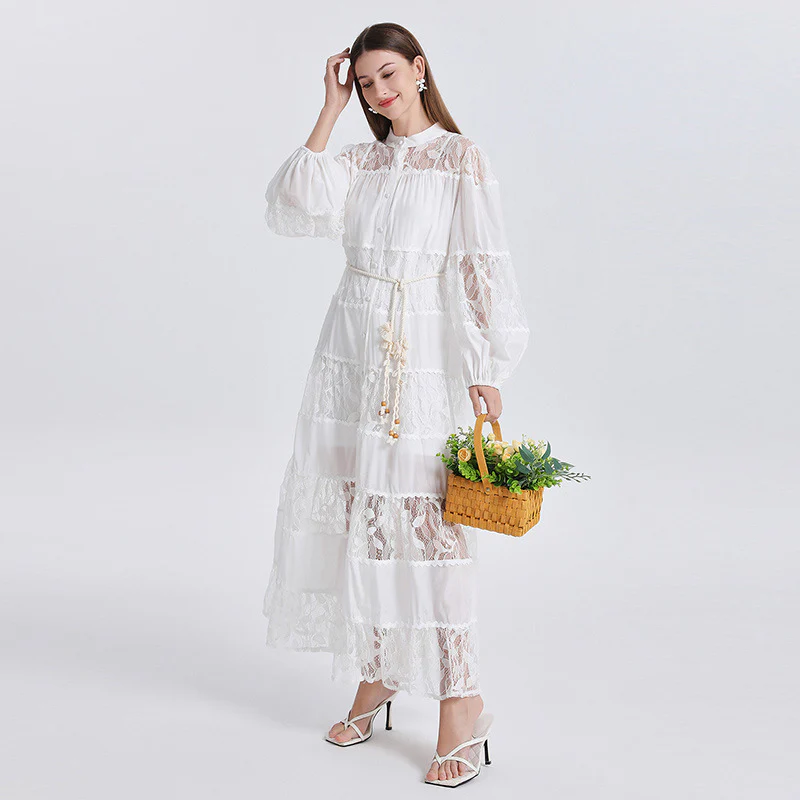 New women's clothing stand-up collar lantern sleeve dress waist lace hollow lace A-shaped long dress tide - Deanwangkt