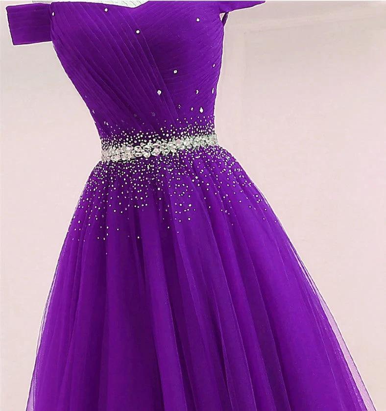 Solvbao Purple Tulle Off Shoulder Long Party Dress, Beaded A-line Prom Dress - Deanwangkt