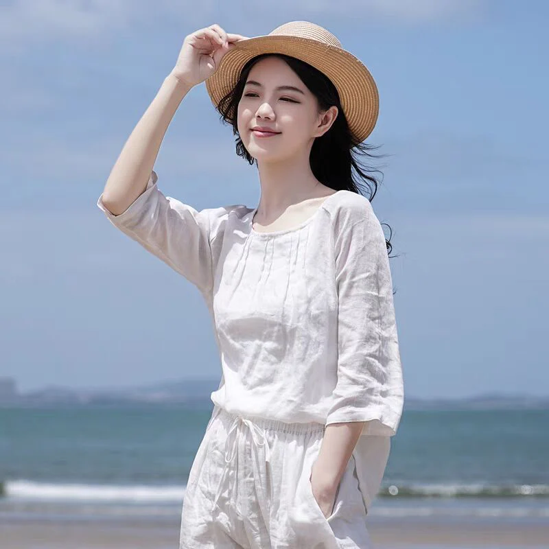 New Chinese top, white linen shirt, women's seven-quarter-sleeved shirt, high-end loose literary and retro simple top, women's - Deanwangkt