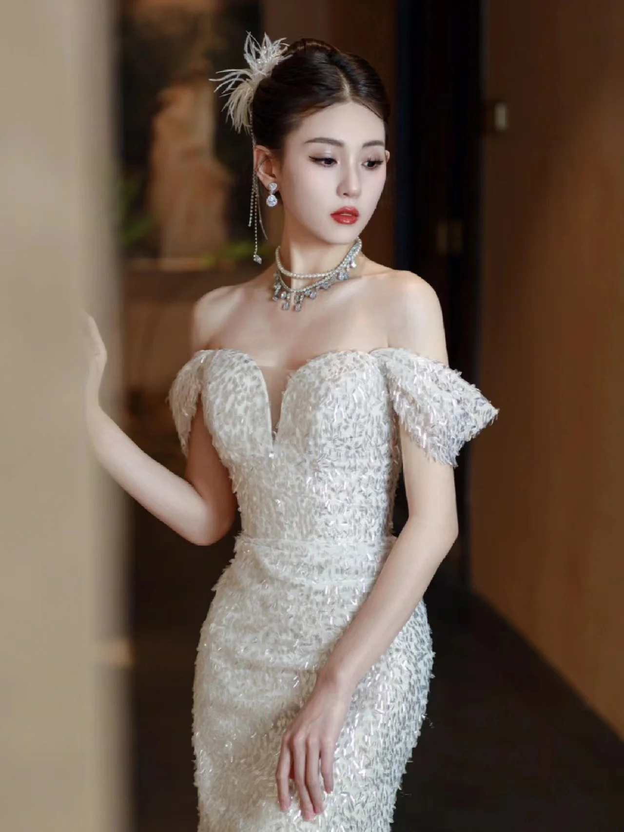 2025 One-word shoulder evening dress female banquet host temperament socialite bride toast dress light luxury fishtail dress - Deanwangkt