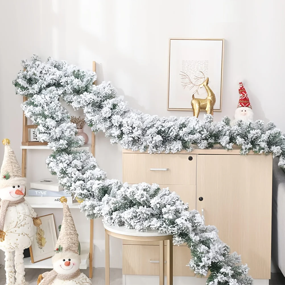 1pc, 9FT Snow Flocked Christmas Garland, Snowy Artificial Christmas Garland, Winter Frosted Holiday Pine Garland White Cedar Garland For Xmas Tree Stairs Fireplace Decor - Deanwangkt
