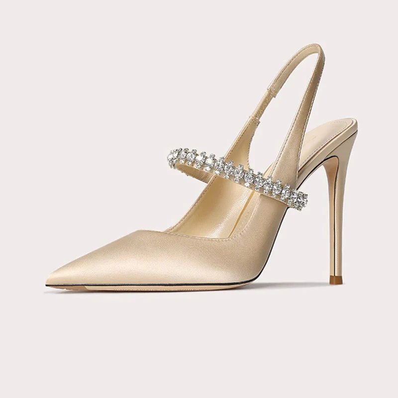 DEANWANGK  32-Size 45 One-Word Strap Closed Toe Sandals Women's Rhinestone  New Stiletto Heel Pointed-Toe Authentic Leather High Heels Women's Shoes - Deanwangkt