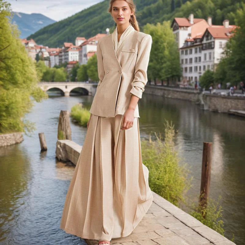 2025 Fashion casual suit women's  spring new V-neck long-sleeved lace-up blazer + high-waisted straight wide-leg pants - Deanwangkt