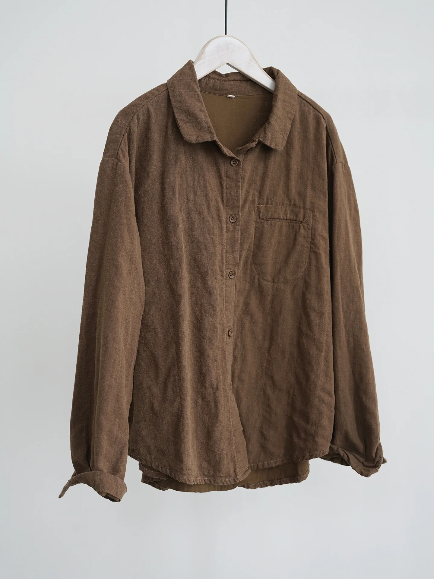 casual retro old thickened cotton and linen double-layer shirt, women's lapel long-sleeved top jacket W24304 - Deanwangkt