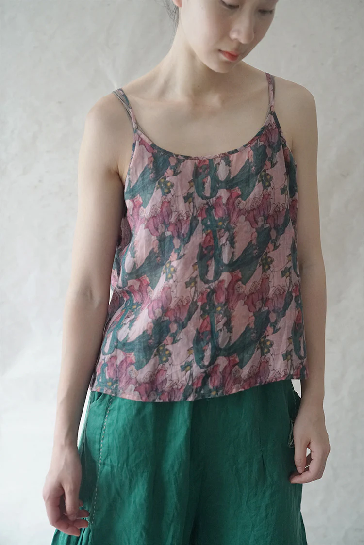 casual literary ramie national style printed dress, old color base travel long sling L2221 - Deanwangkt