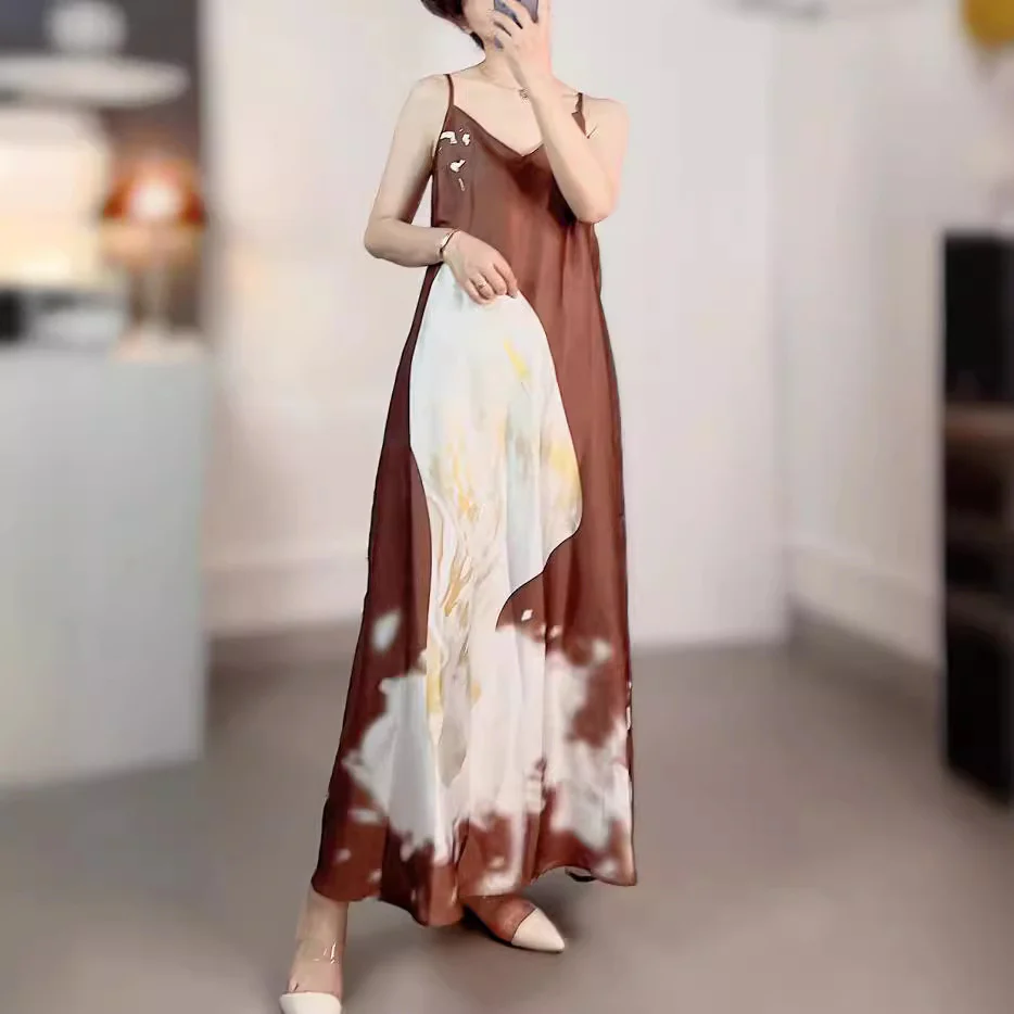 2025 Spot design sense vacation wind drawstring ink painting printing vacation acetate hemp seaside vacation suspender dress - Deanwangkt