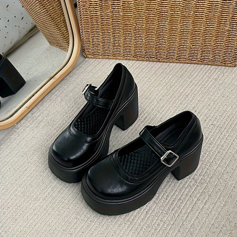deanwangkt  Women's Solid Color Chunky Heels, Fashion Buckle Strap Preppy Style Shoes, Stylish Dress Heels - Deanwangkt