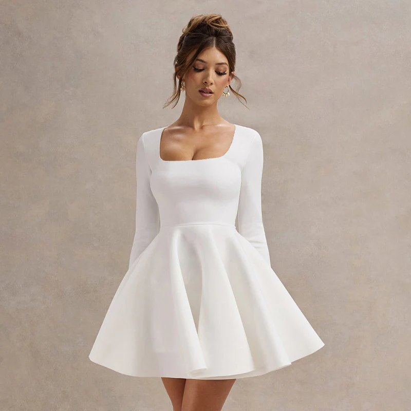 2025 DEANWANGKT  wholesale  autumn women's clothing autumn and winter new temperament solid color square neck long sleeve slim ruffle edge A-shaped skirt - Deanwangkt