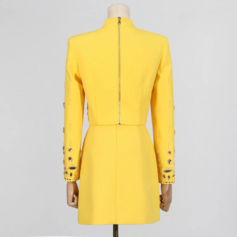 2025 Fashion casual suit women's  spring new rhinestone splicing design sense long sleeve short hip skirt suit women - Deanwangkt