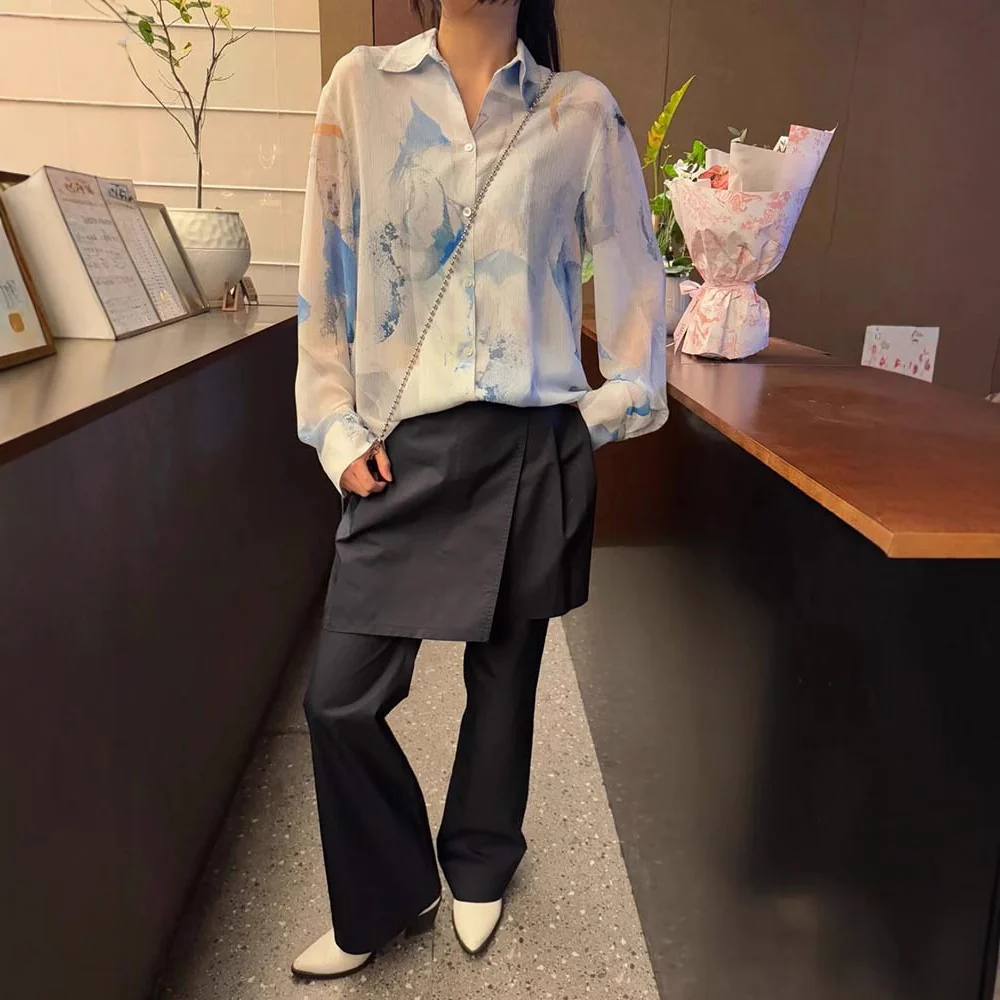 Siyuan design printing micro-transparent thin shirt women's long sleeves  spring and summer new loose casual top 7843 - Deanwangkt