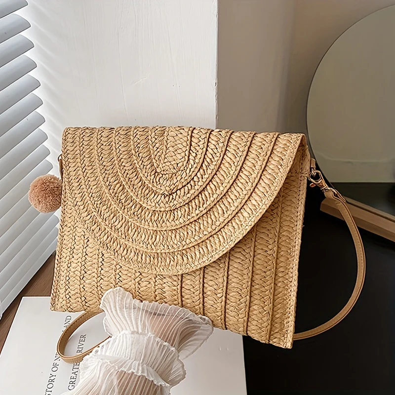 Classic Minimalist Paper Straw Clutch Bag with Removable Strap and Wristlet - Magnetic Closure, Polyester Lined, Solid Color, Portable Storage, Perfect for Holidays - Deanwangkt