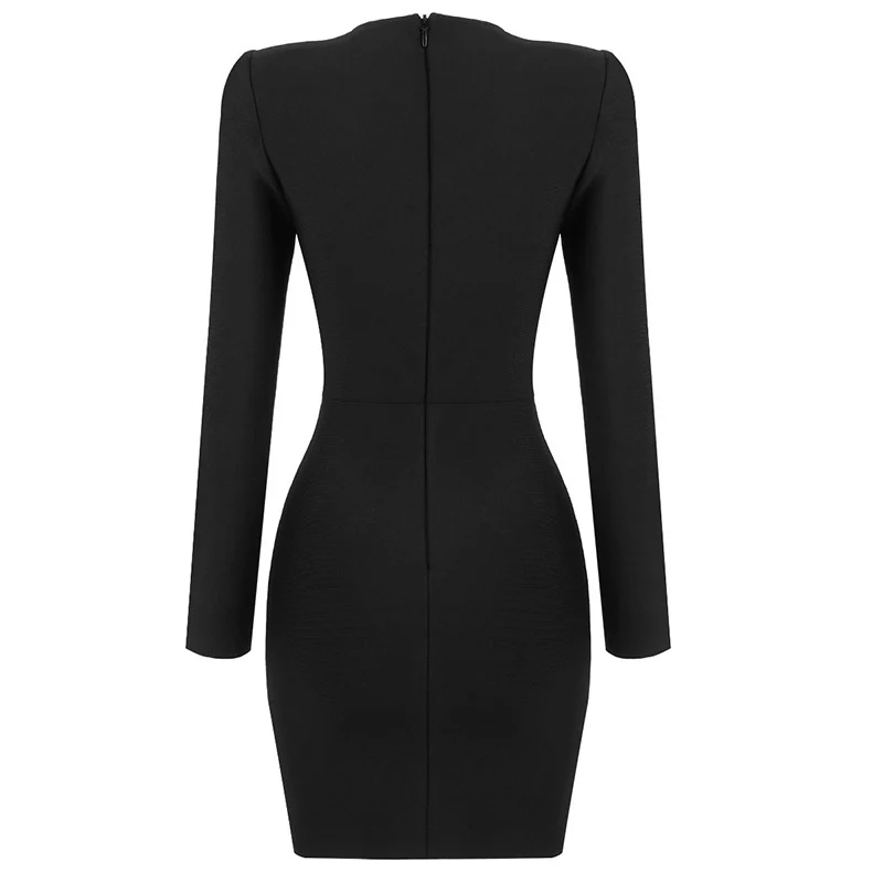 Design Shiny V-neck Rhinestone Slim Fit Slit Dress Niche Slimming Sheath Long Sleeve Bandage Dress Dress for Women - Deanwangkt