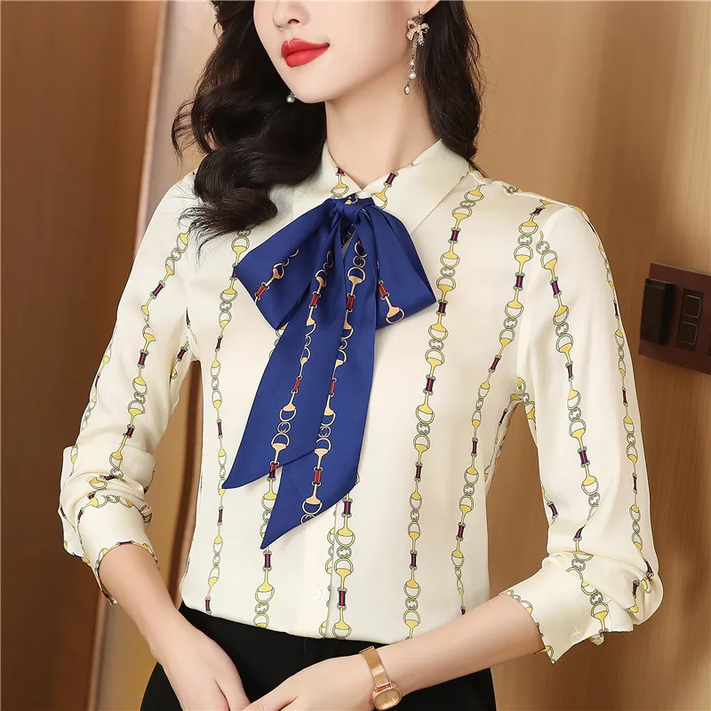 Printed Women Designer Lapel Shirts Silk Black Long Sleeve Elegant Fit Shirt Office Ladies Button Front Casual Satin Blouses Spring Fall Chic Slim Runway Tops - Deanwangkt