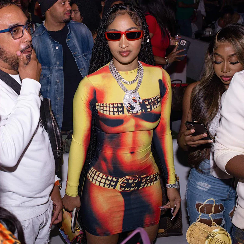 2025 L23DS075  women's clothing  summer new round neck long-sleeved personalized body print slim dress - Deanwangkt