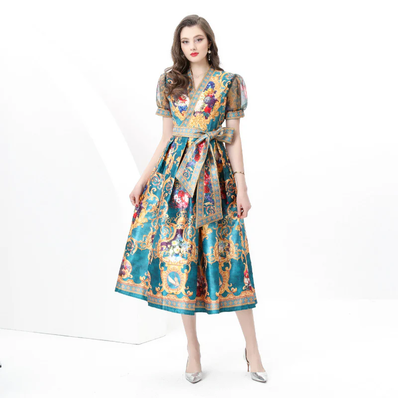 women's clothing court style V-neck strap waist mesh bubble sleeves printed big pendulum long dress - Deanwangkt