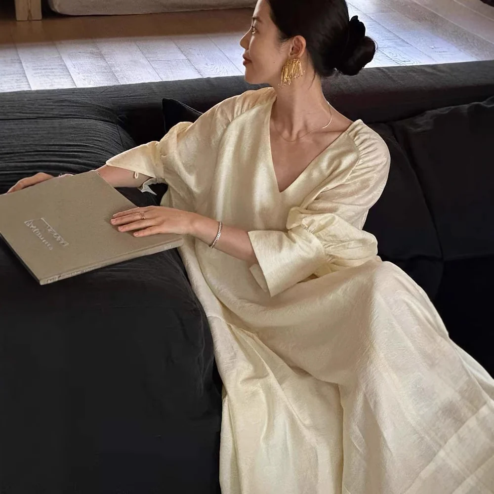 Siyuan, high-end  lazy casual robe, fashionable V-neck seven-quarter-sleeved Tencel jacquard dress 7758 - Deanwangkt