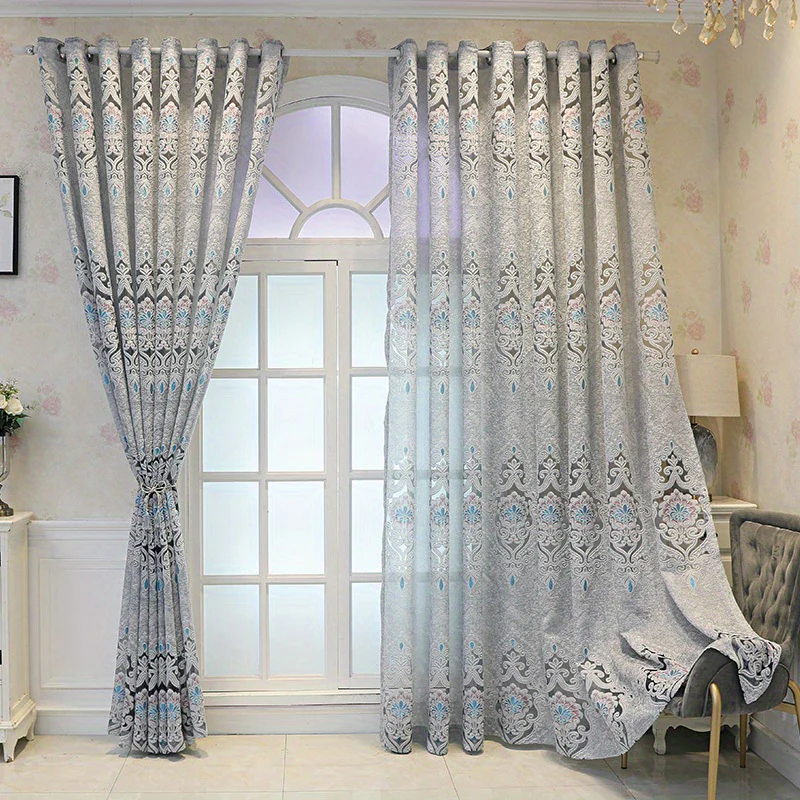 1pc Exquisite Grey and Blue Jacquard Embroidered Window Sheer Curtain - Adds Elegance to Living Room, Bedroom, Balcony with Soft Filtered Light, Privacy Protection, and Easy Installation - Perfect Home Decor for Windows - Deanwangkt