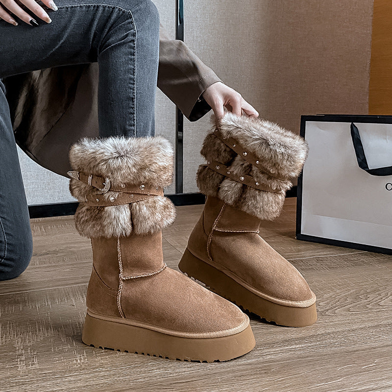 2025  Northeast snow boots women's winter velvet thickened popular new thick-soled medium tube cotton shoes fashionable versatile fluffy boots - Deanwangkt