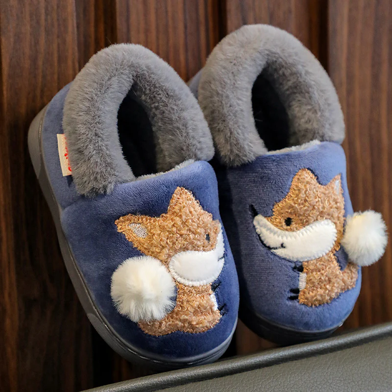 DEANWANGKT Boys and Girls Bag Heel Cartoon Fox Baby Fur Non Slip Cotton Slippers Winter Warm Children's Home Cotton Shoes - Deanwangkt