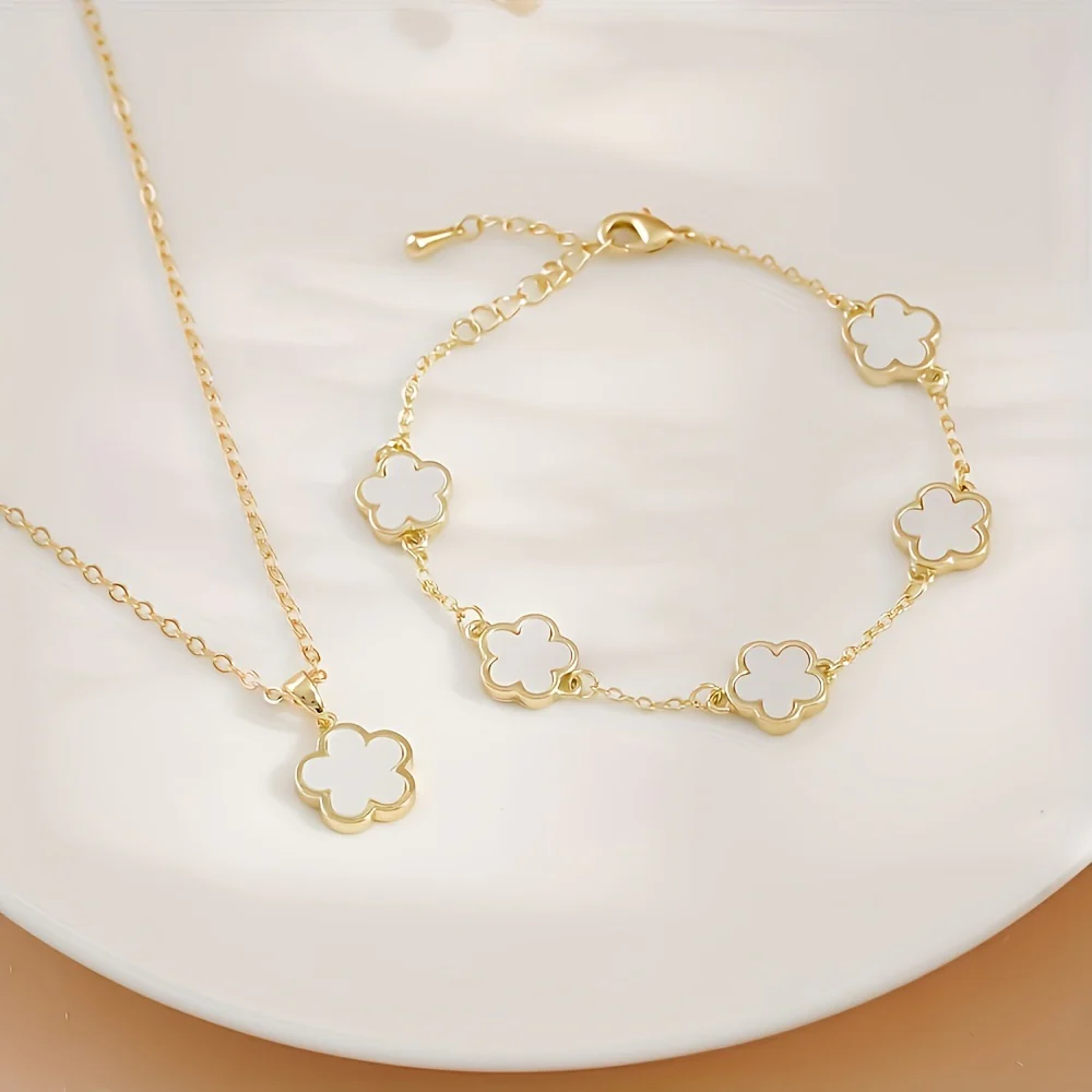 2-piece set, 1 necklace+1 bracelet, fashionable and gorgeous five petal flower style, copper, suitable for dates, holidays, graduation season - Deanwangkt