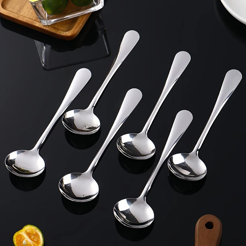 6-Piece Durable Stainless Steel Soup Spoon Set for Home Use - Thickened Round Spoons for Serving Soups and Sauces - Elegant Kitchenware - Deanwangkt