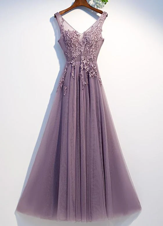 Solvbao Purple V-Neck Simple A-line Floor-length Appliques Bling Ruched Party, Formal Dresses Long Prom Dress - Deanwangkt