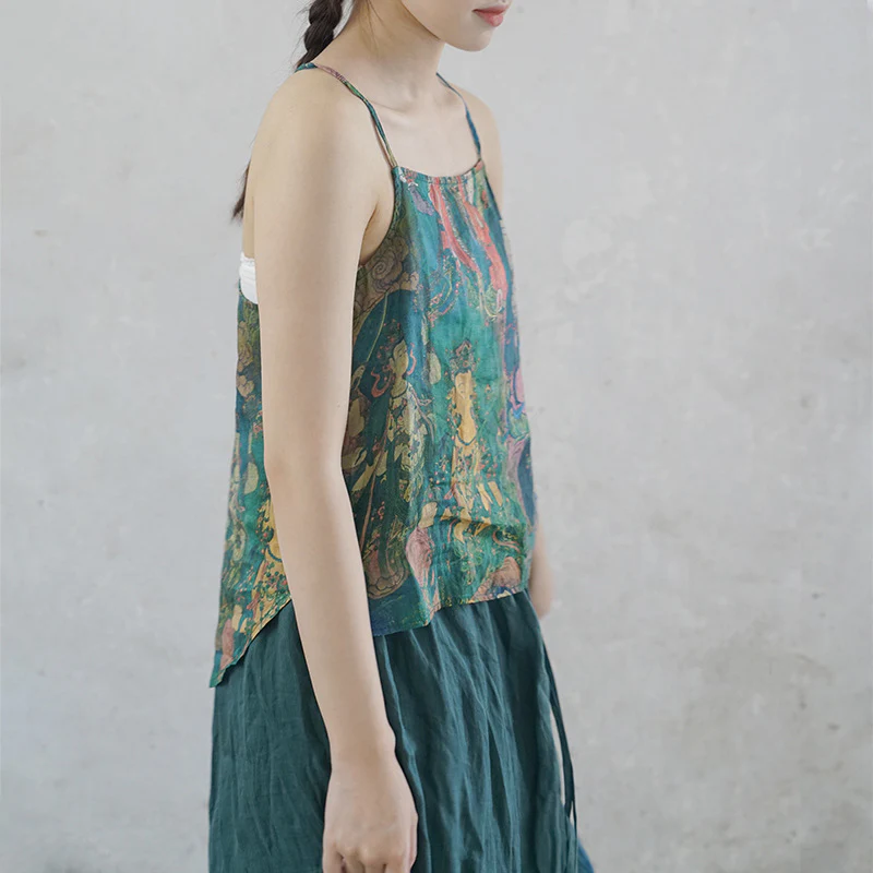 Chinese style printed ramie short sling Hanfu, Guochao belly pocket bottom versatile sling vest D21100 - Deanwangkt