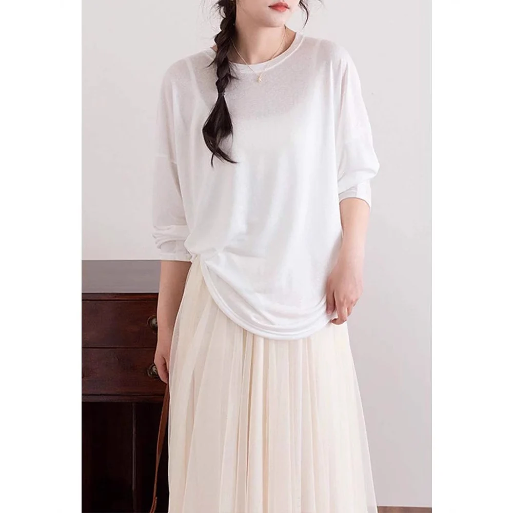 Siyuan minimalist row style large silhouette blouse long-sleeved T-shirt delicate nude and thin sunscreen bottoming shirt women's summer 8945 - Deanwangkt