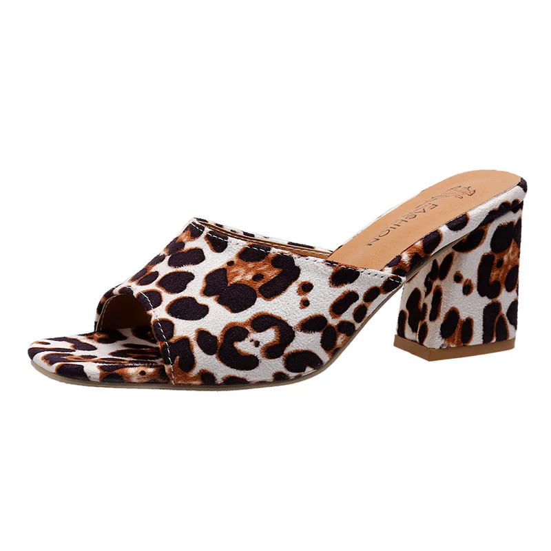 DEANWANGKT  Leopard Print Suede High Heels  New Square Toe Chunky Heel Sexy Slippers plus Size Women Heels - Deanwangkt