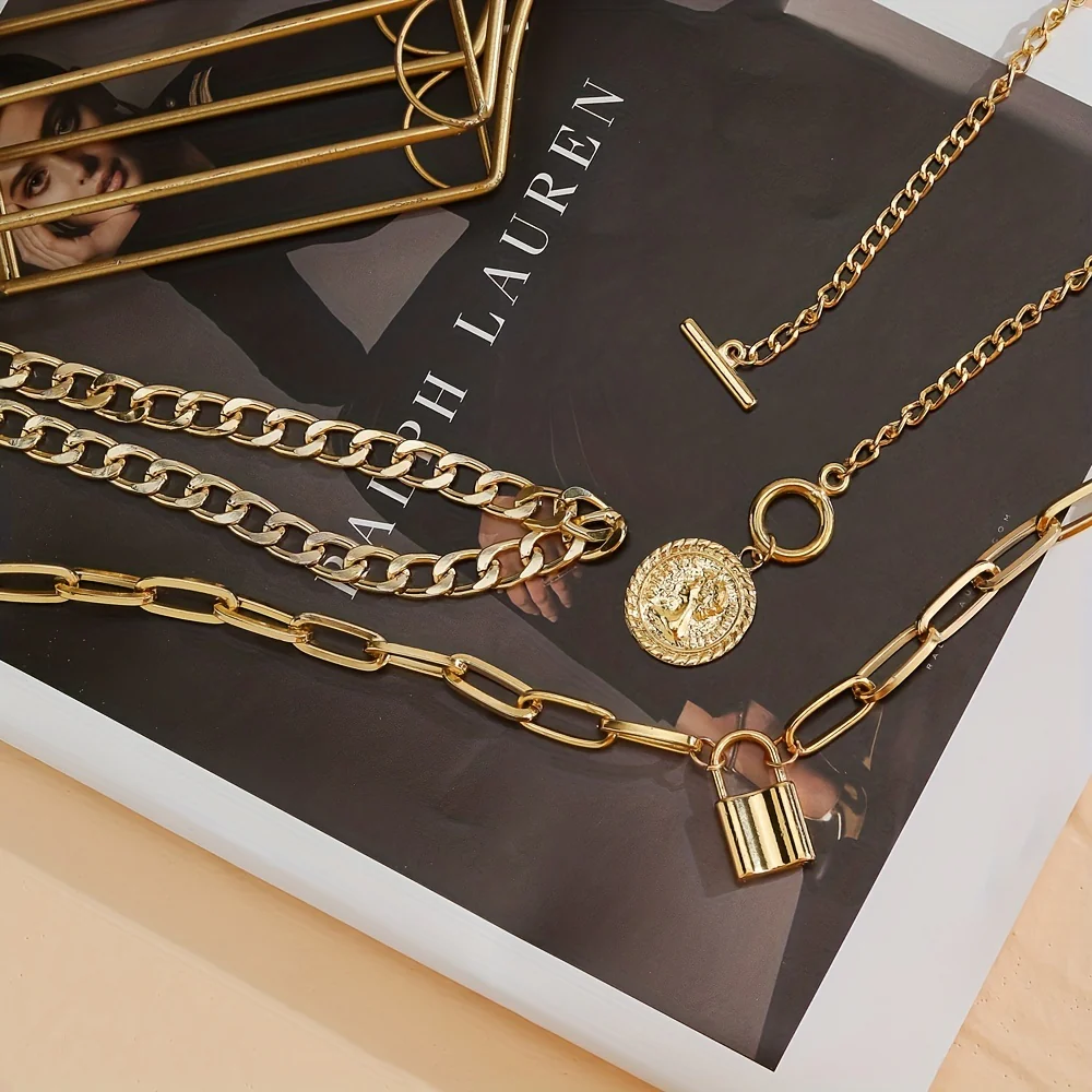 Punk Multilayer Cuban Chain Paperclip Chain Round Shape Portrait Pendant OT Buckle Necklace - Deanwangkt