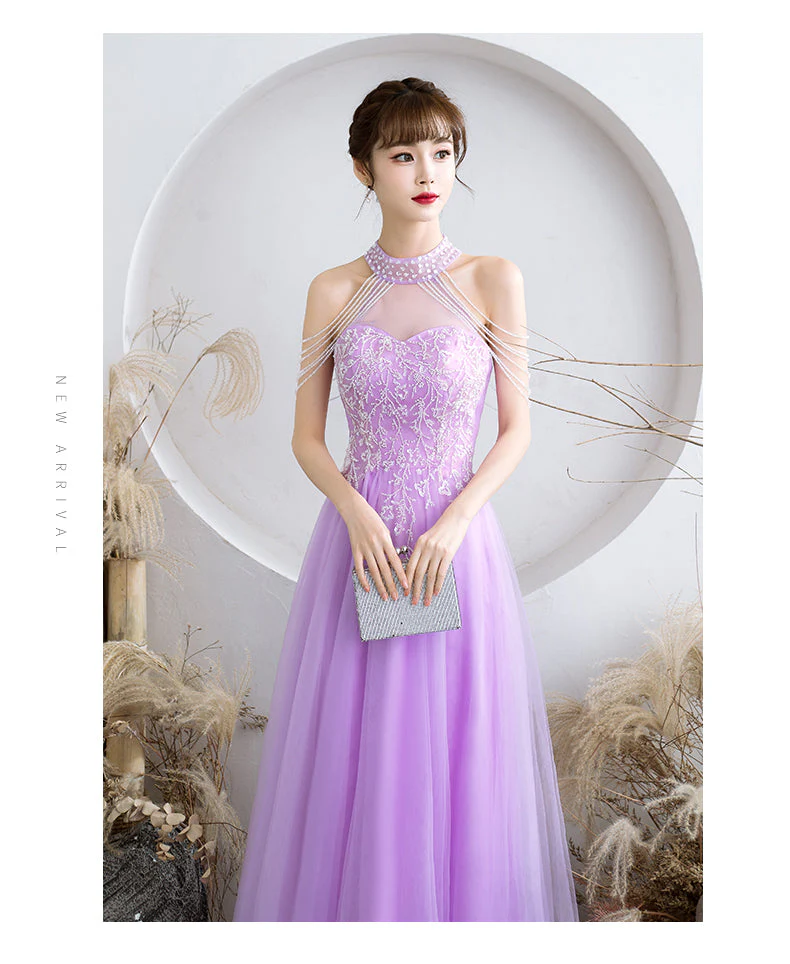 Solvbao Purple Tulle Beaded Floor Length A-line Prom Dress, Long Evening Dress Party Dress - Deanwangkt