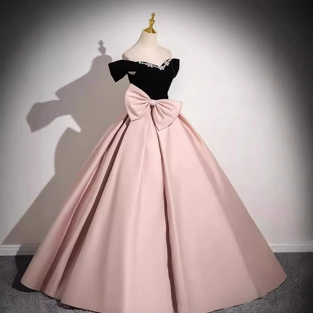 2025 Pink evening dress 2025 new one-word shoulder super fairy  satin princess dress birthday party art test dress dress dress - Deanwangkt
