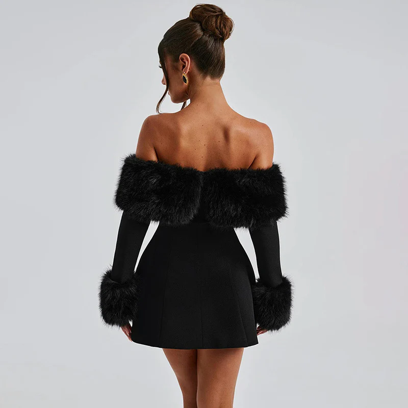 2025 DEANWANGKT  autumn and winter new  women's clothing high-end sense fur collar sexy one-word shoulder long sleeves slim and thin A-shaped skirt women - Deanwangkt