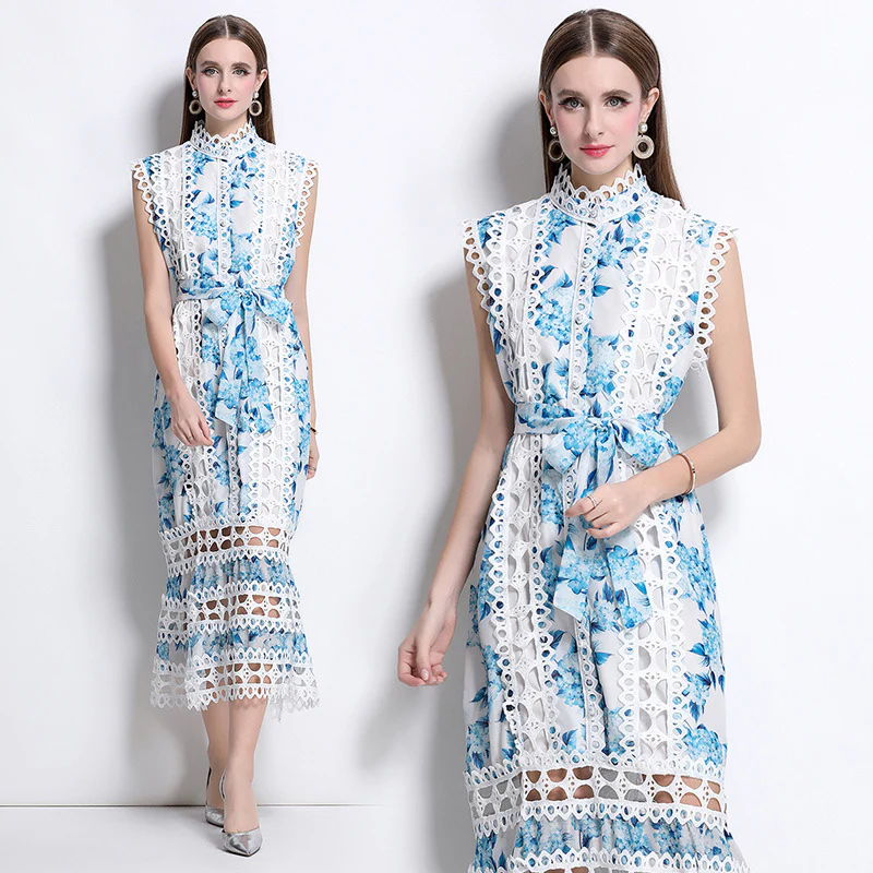 temperament high sense stand collar hollow embroidered lace splicing sleeveless waist thin elegant dress - Deanwangkt