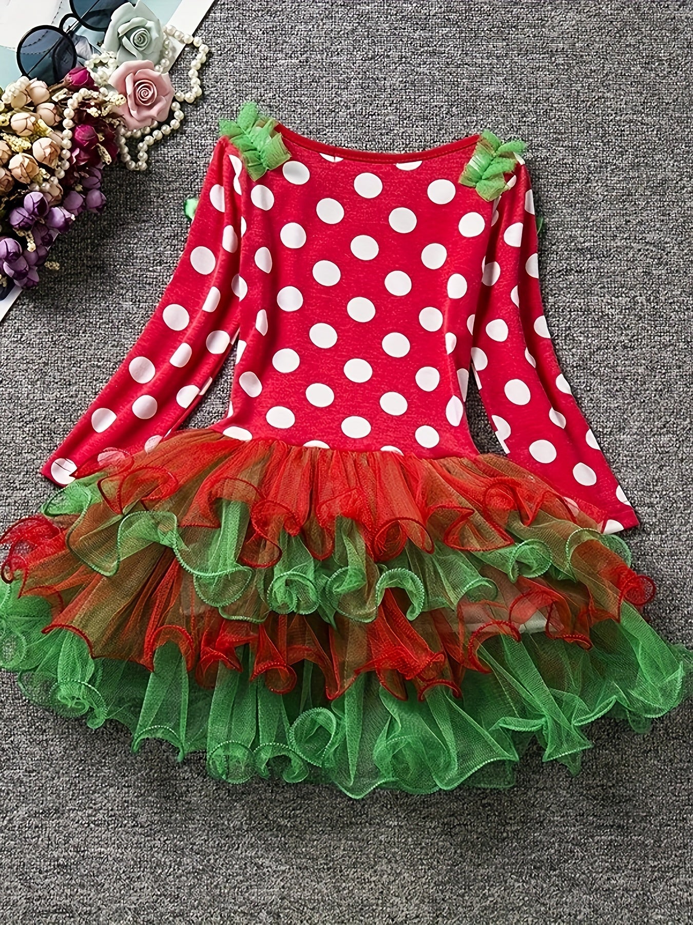 Christmas Baby Girls Long Sleeve Dress, Cute Cartoon Print Multi-layer Mesh Puffy Princess Dress, Girls Holiday Party Performance Dress - Deanwangkt