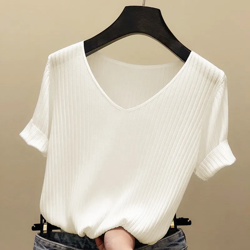 Blouse Women Blusas Mujer De Moda Verano Short Sleeve White V-Neck Knitted Shirt Tops Blusa E403 210426 - Deanwangkt