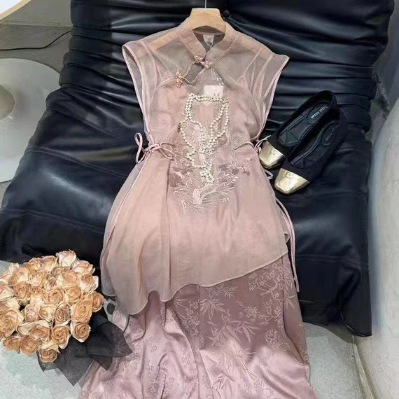 2025 New Chinese style women's clothing high-end exquisite niche design sense pink acetic acid suspender dress set summer clothing - Deanwangkt