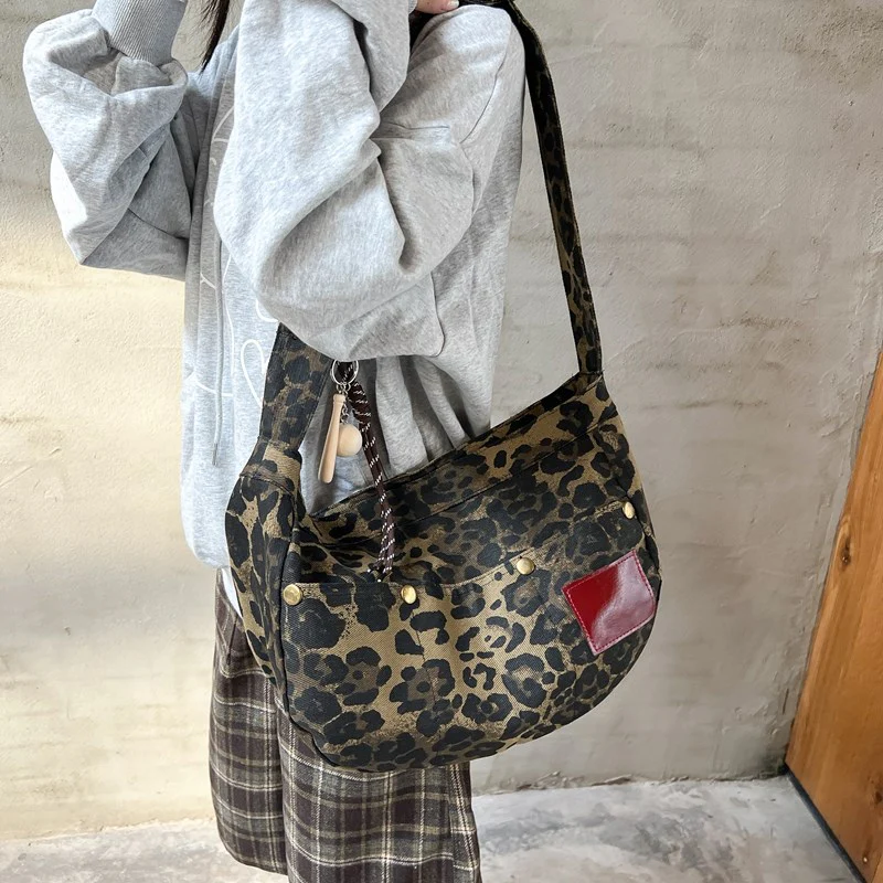 DEANWANGKT 2025 popular autumn new women's leopard print polka dot canvas bag ins shoulder messenger bag large capacity casual dumpling bag - Deanwangkt