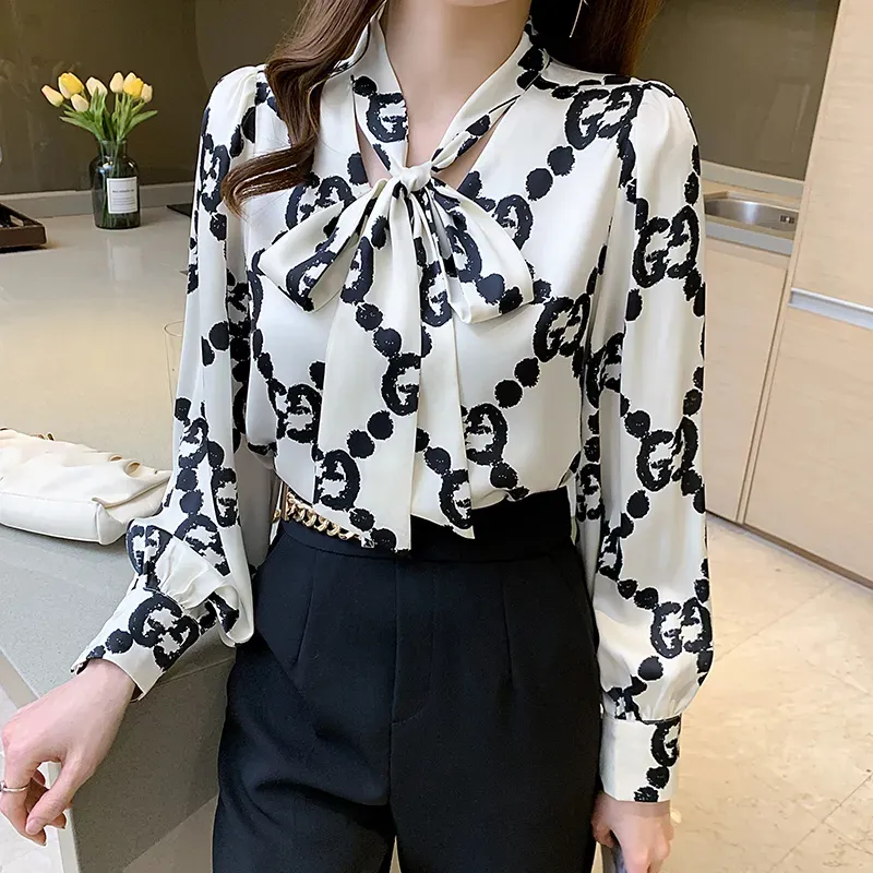 Printed Women Designer Lapel Shirts Silk Black Long Sleeve Elegant Fit Shirt Office Ladies Button Front Casual Satin Blouses Spring Fall Chic Slim Runway Tops - Deanwangkt