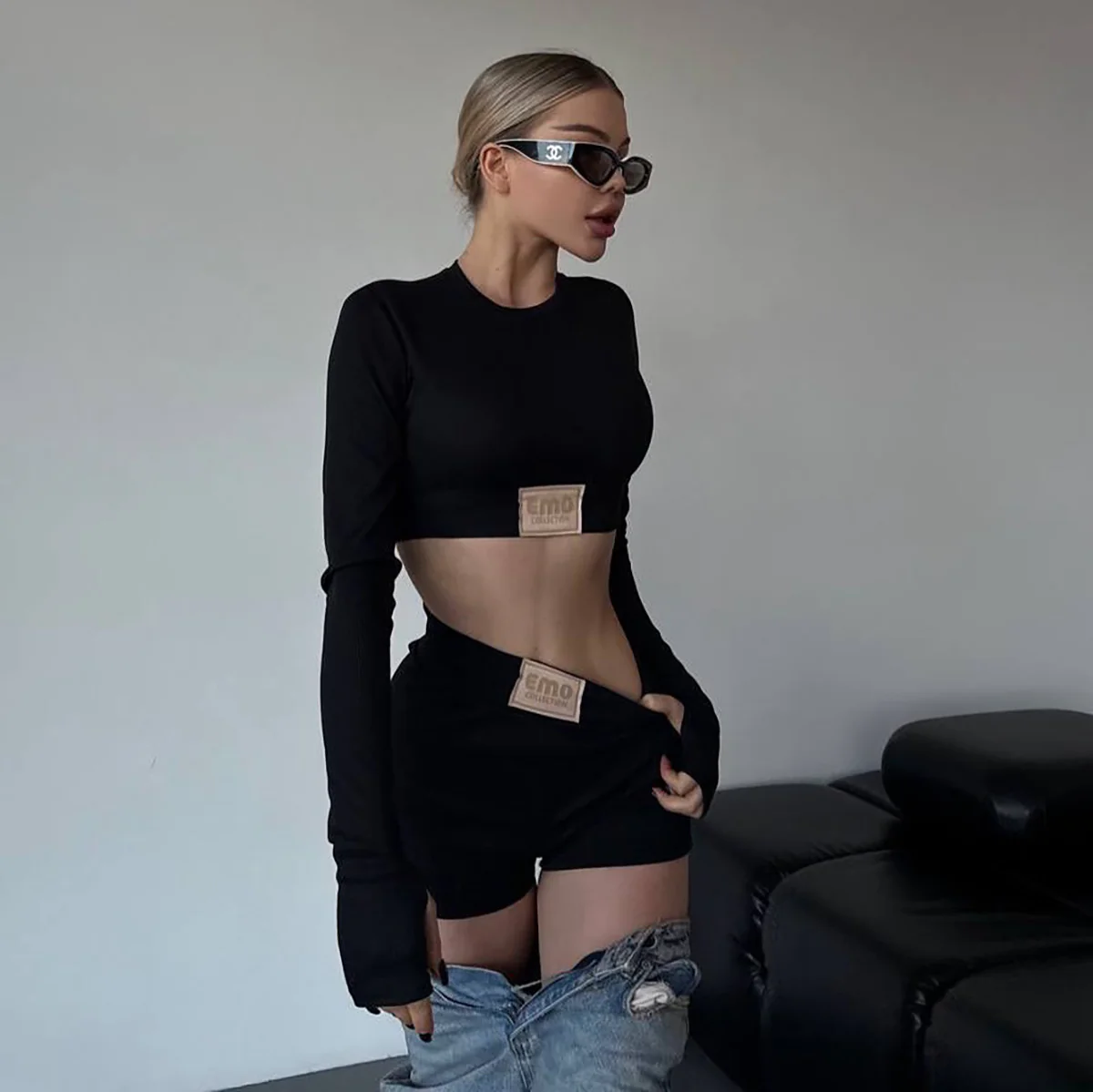 n sports style tight threaded pants set fitness round neck short open button long sleeve top hip cover hip shorts - Deanwangkt