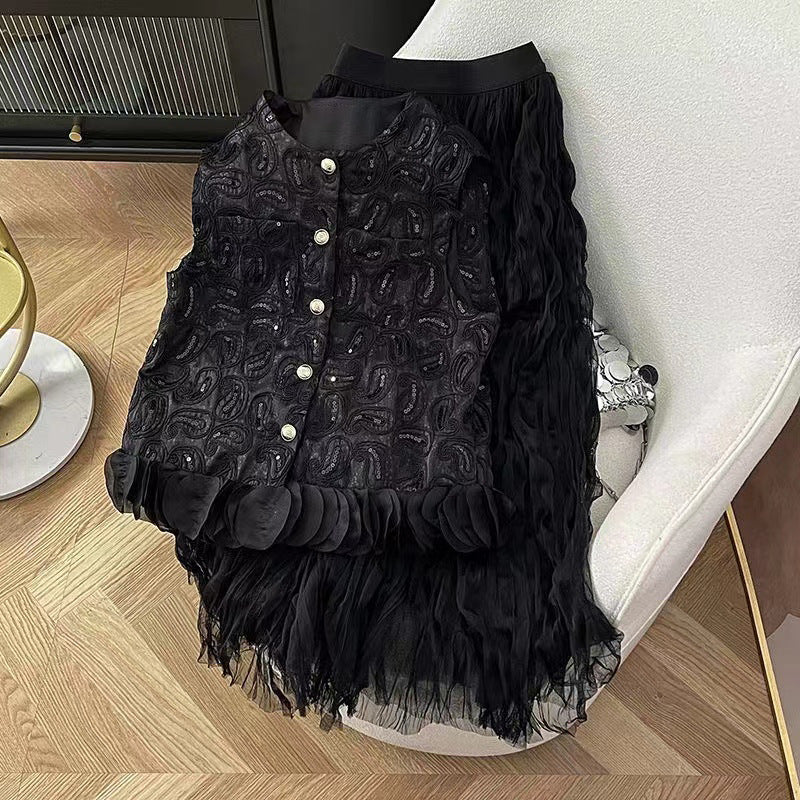2025 popular spring and summer new super fairy new Chinese heavy industry two-piece set embroidery sequined vest chic mesh skirt women - Deanwangkt