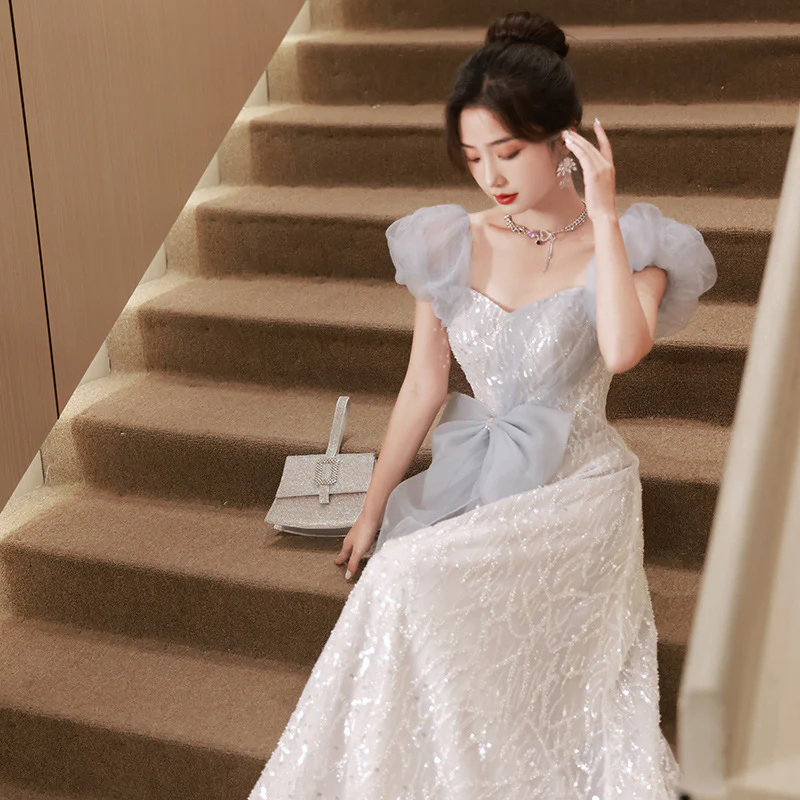 2025 Banquet evening dress skirt 2025 new blue  light luxury bubble sleeve birthday princess skirt adult dress skirt - Deanwangkt