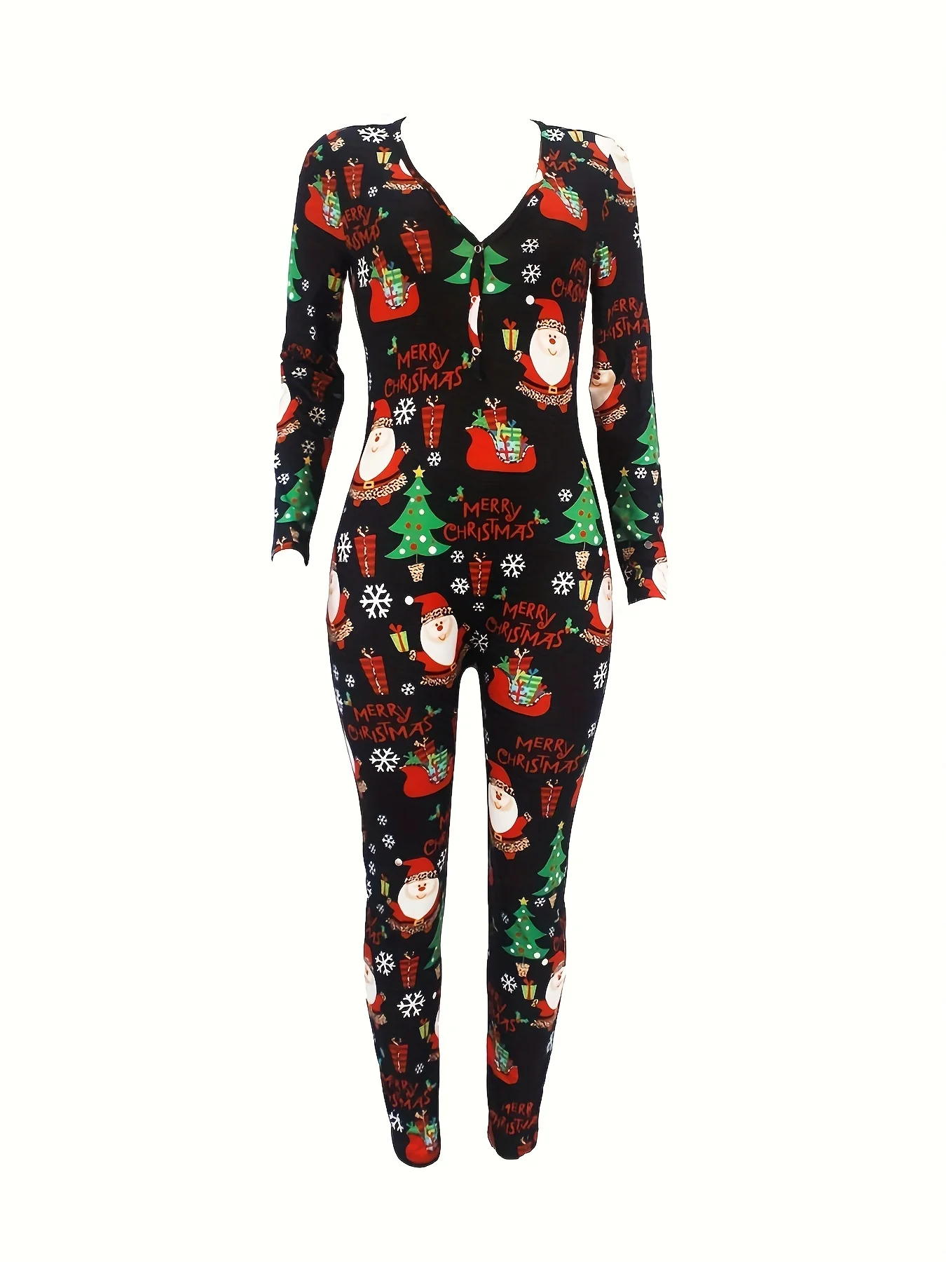 Cozy Festive Lounge Jumpsuit - Soft Long Sleeve, V Neck, Button Front, Relaxed Fit, Comfy Women's Loungewear & Sleepwear for Christmas - Deanwangkt